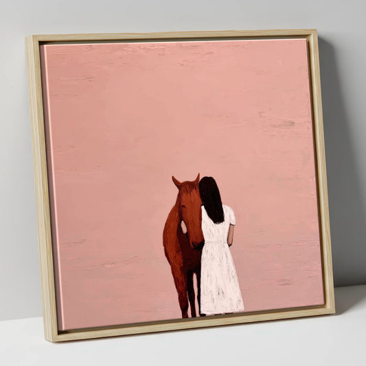 The Quiet Embrace horse & rider canvas wall art in natural frame