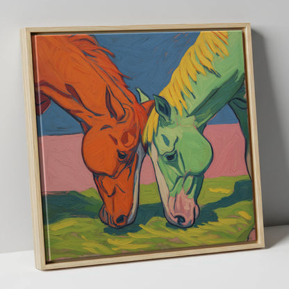 Painted Pasture Companions horse portrait canvas wall art in natural frame