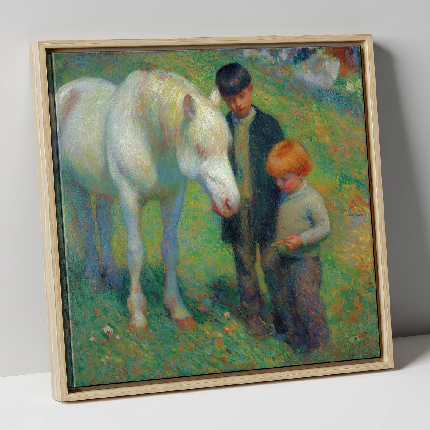 The Gentle Grey horse & rider canvas wall art in natural frame