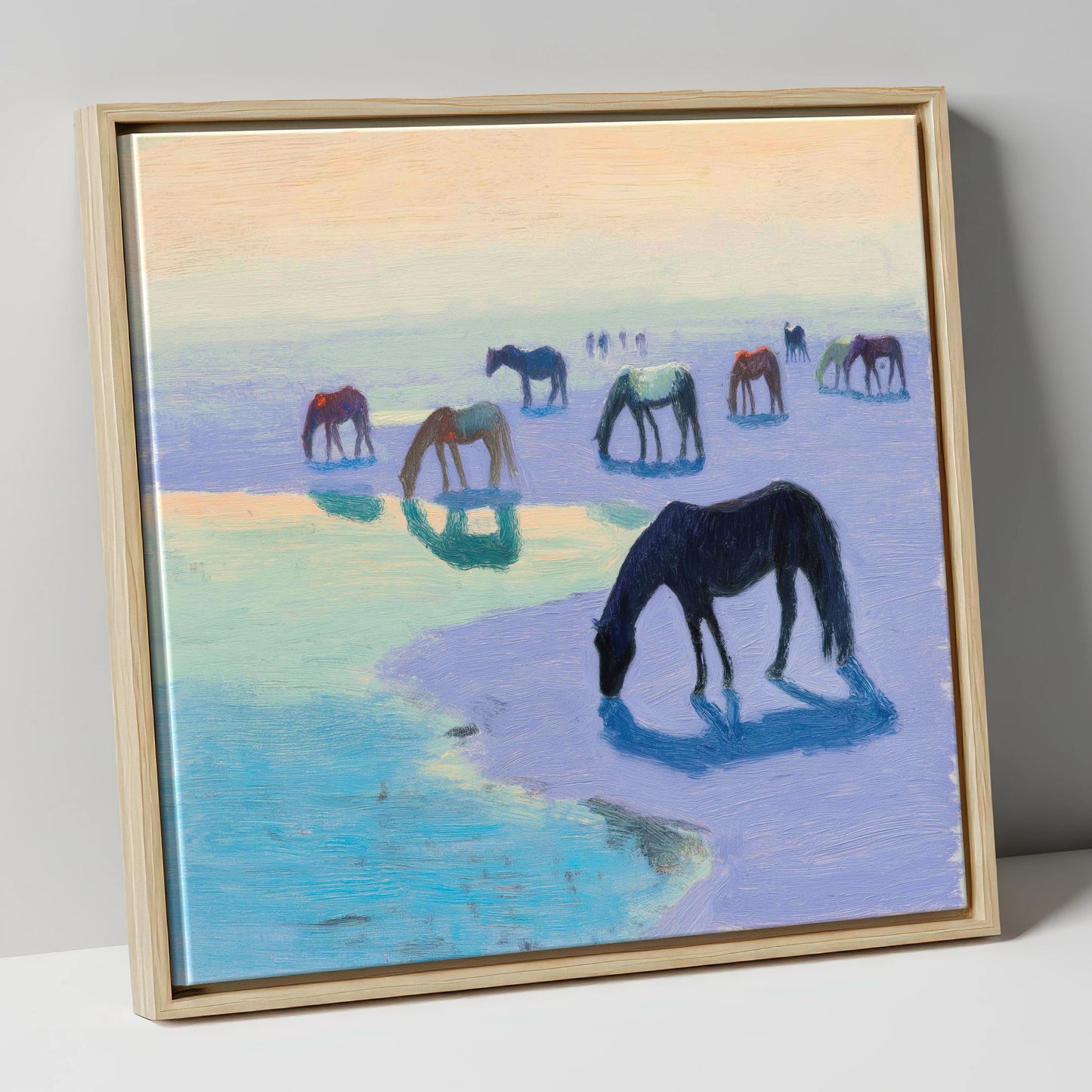 Lavender Tide Grazers wild horses canvas wall art in natural frame