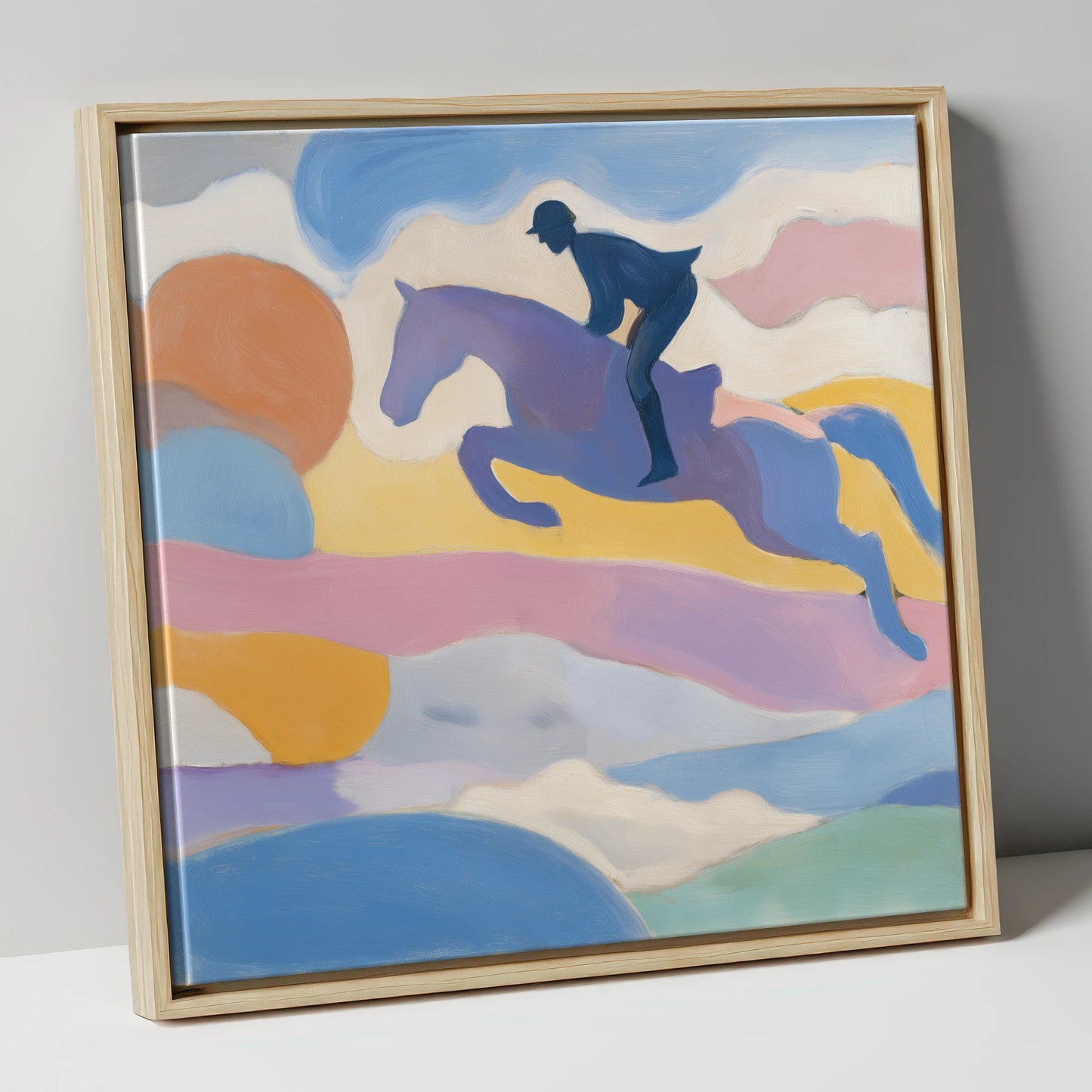 Pastel Flight show jumping horse canvas wall art in natural frame