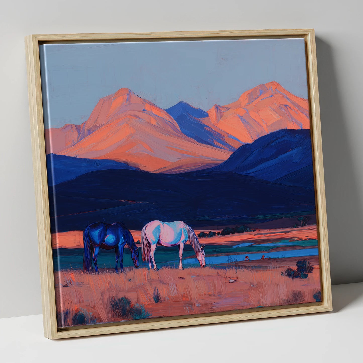 Dusk Mountain Pasture horse landscape canvas wall art in natural frame
