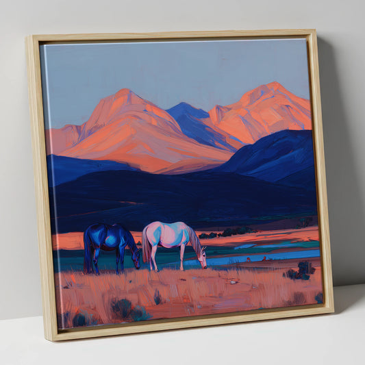 Dusk Mountain Pasture horse landscape canvas wall art in natural frame
