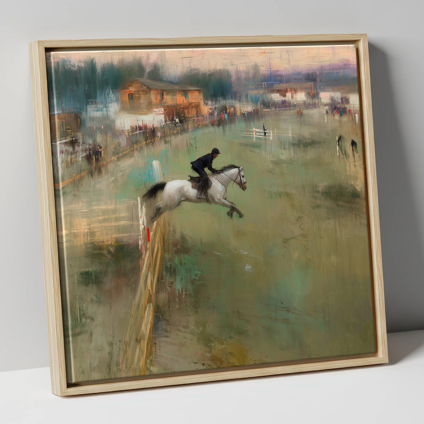 Clearing the Timber show jumping horse canvas wall art in natural frame