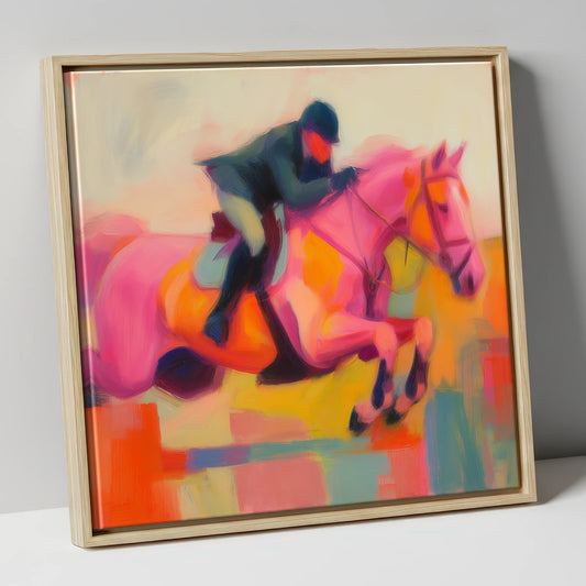 Vivid Ascent show jumping horse canvas wall art in natural frame
