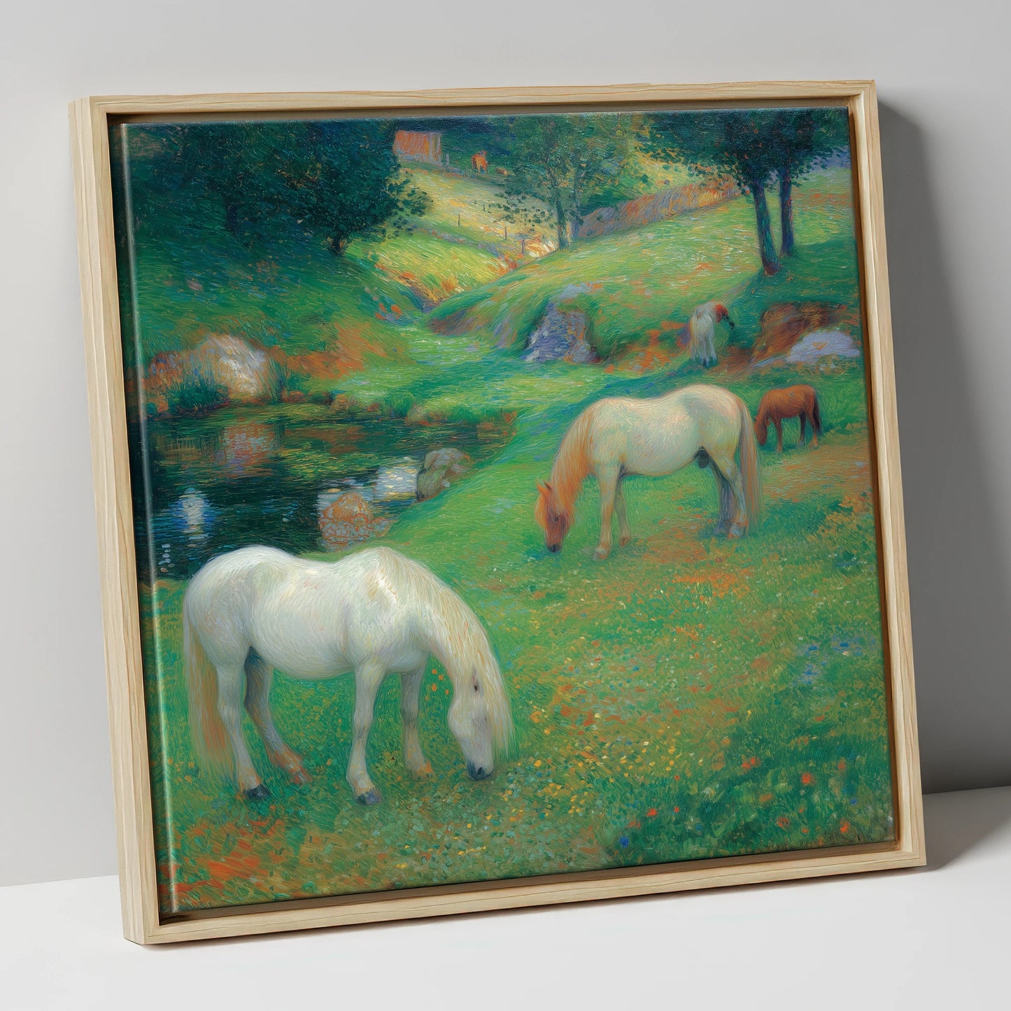Emerald Valley Pasture horse landscape canvas wall art in natural frame