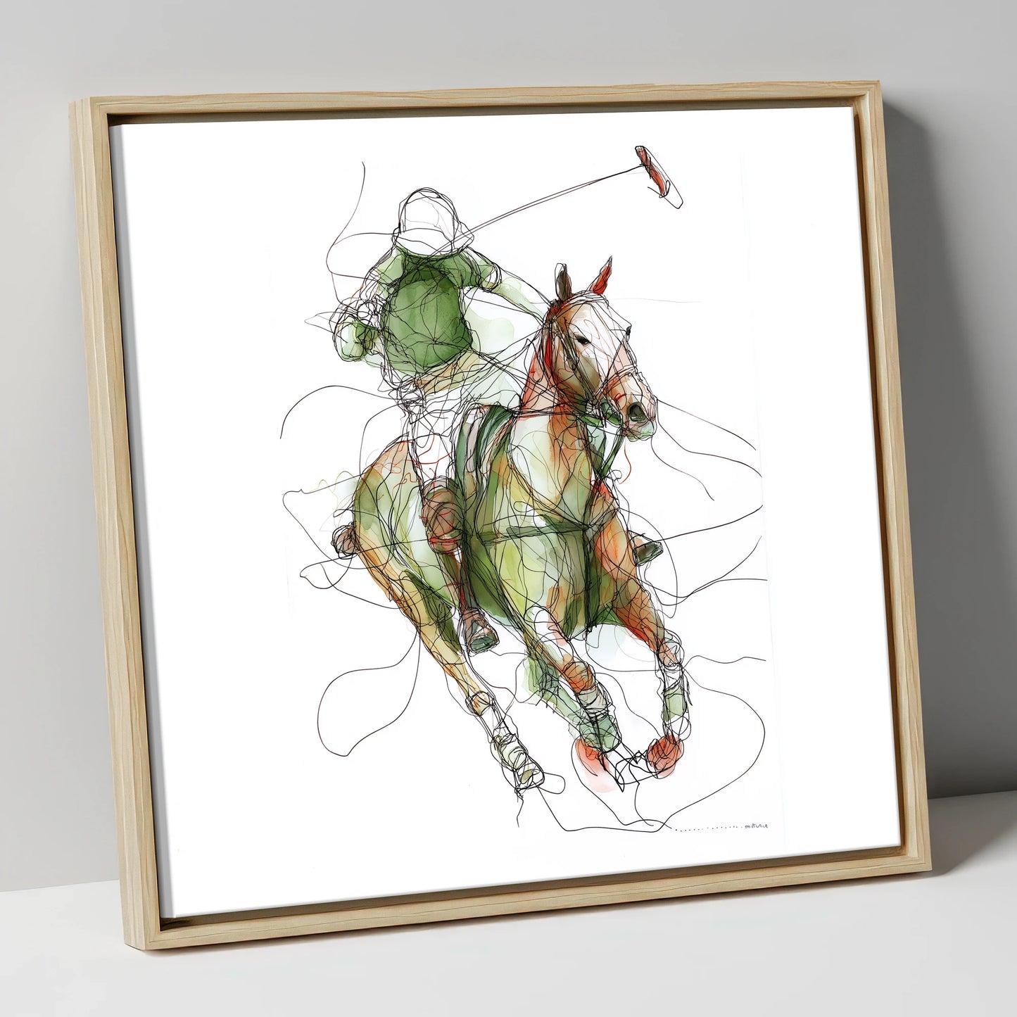 Kinetic Polo Strike polo horse canvas wall art in natural frame