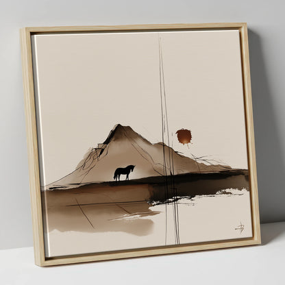 Quiet Mountain Silhouette horse landscape canvas wall art in natural frame