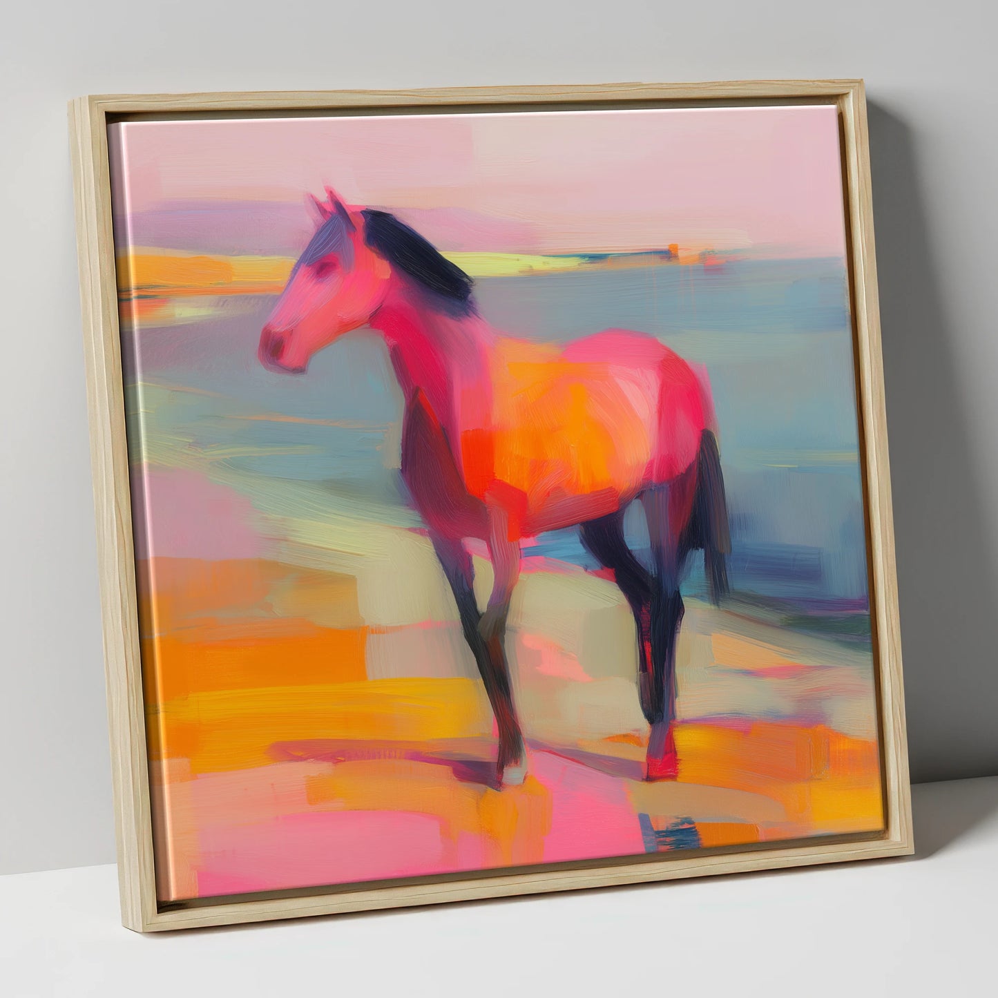 Vivid Shoreline Sentinel horse landscape canvas wall art in natural frame