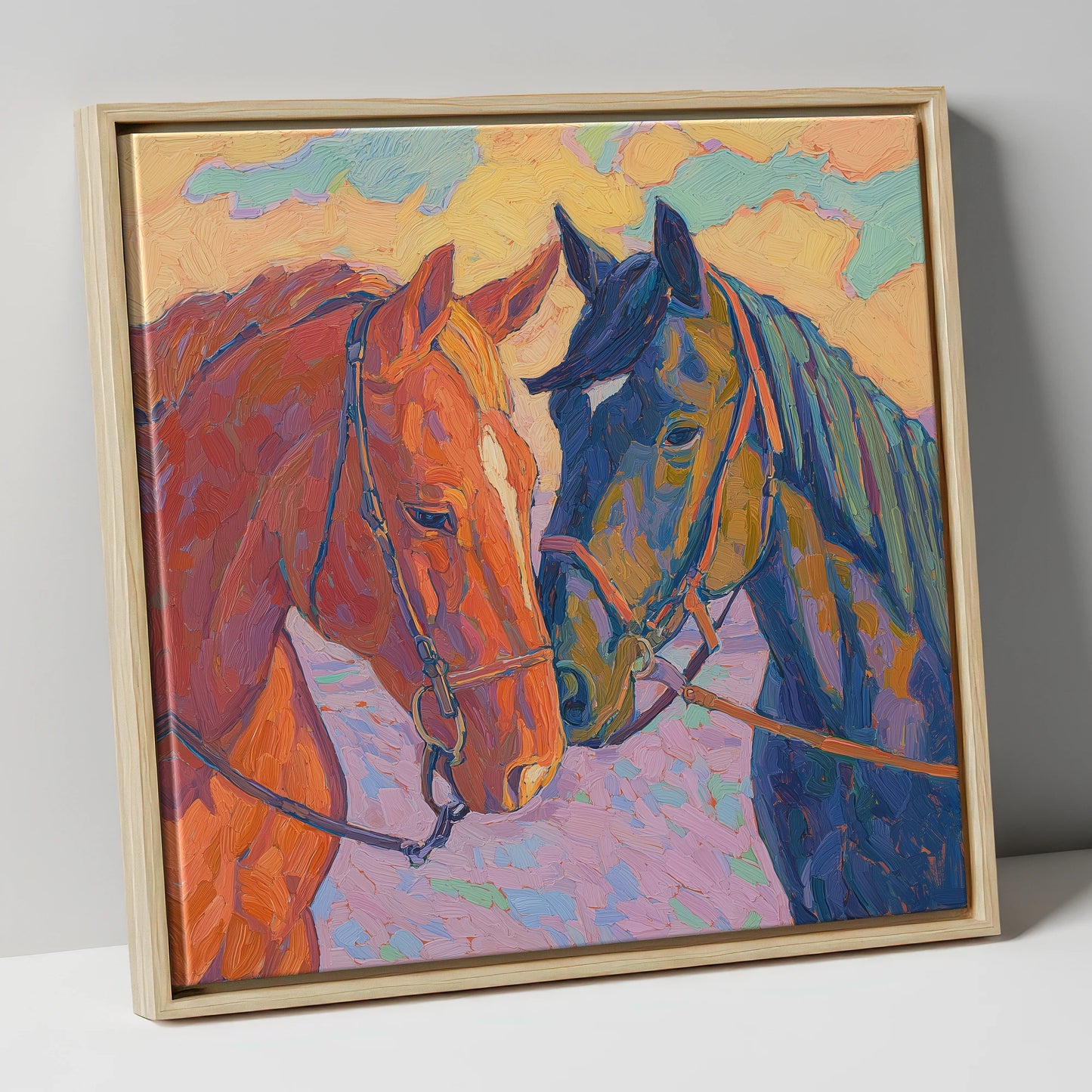 Vibrant Equine Bond horse portrait canvas wall art in natural frame