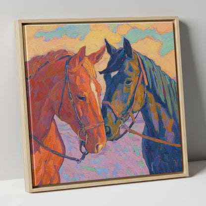 Vibrant Equine Bond horse portrait canvas wall art in natural frame