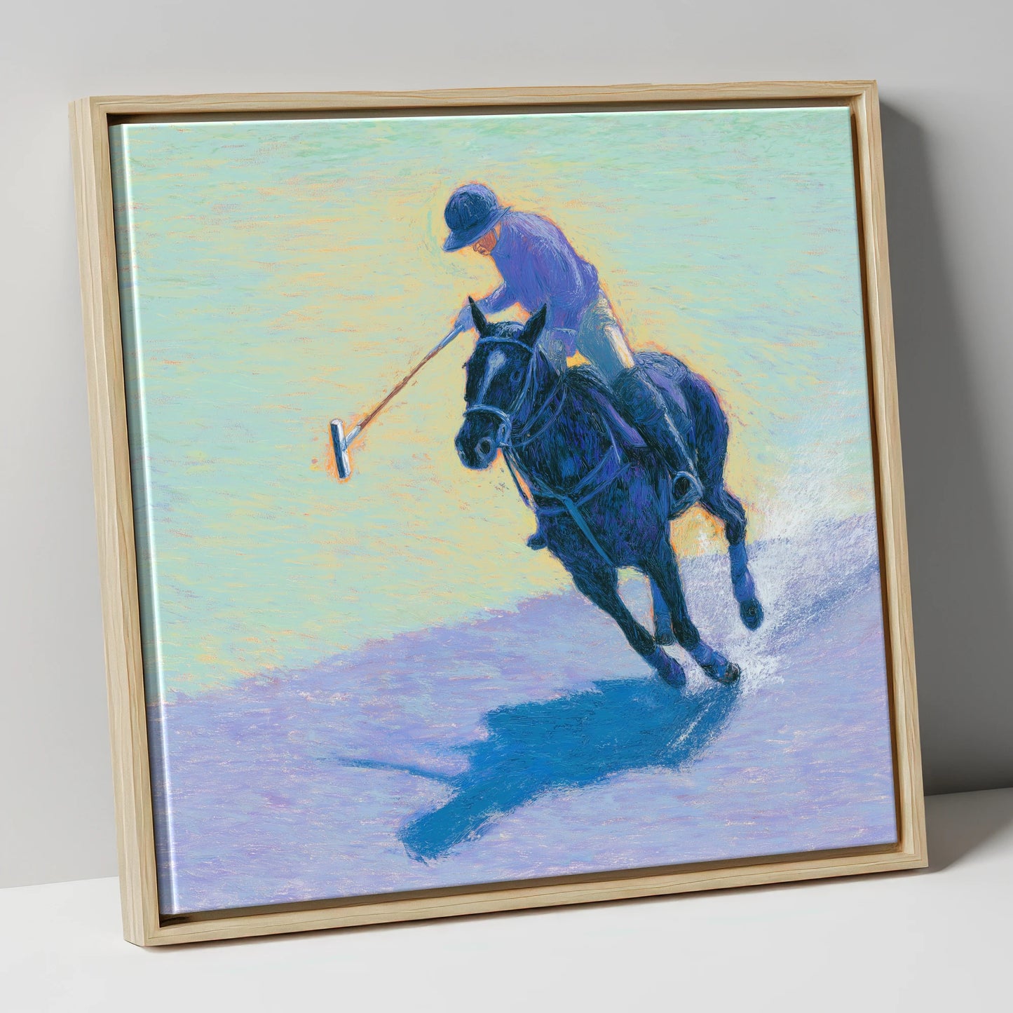 The Indigo Chukka polo horse canvas wall art in natural frame