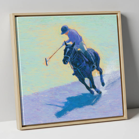 The Indigo Chukka polo horse canvas wall art in natural frame