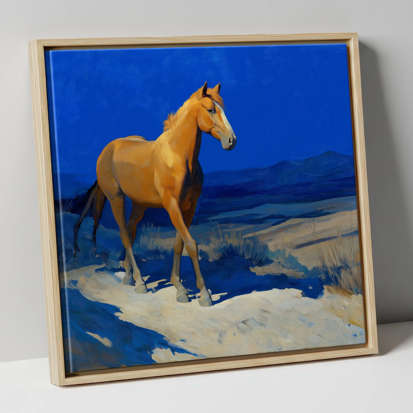 Sunlit Chestnut Stride horse landscape canvas wall art in natural frame
