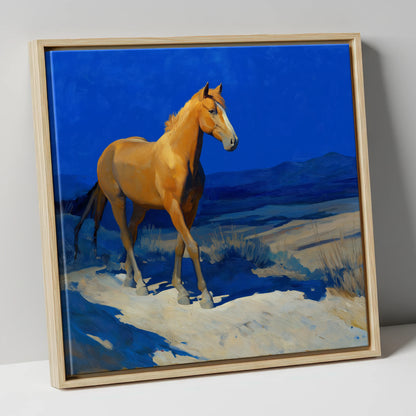 Sunlit Chestnut Stride horse landscape canvas wall art in natural frame