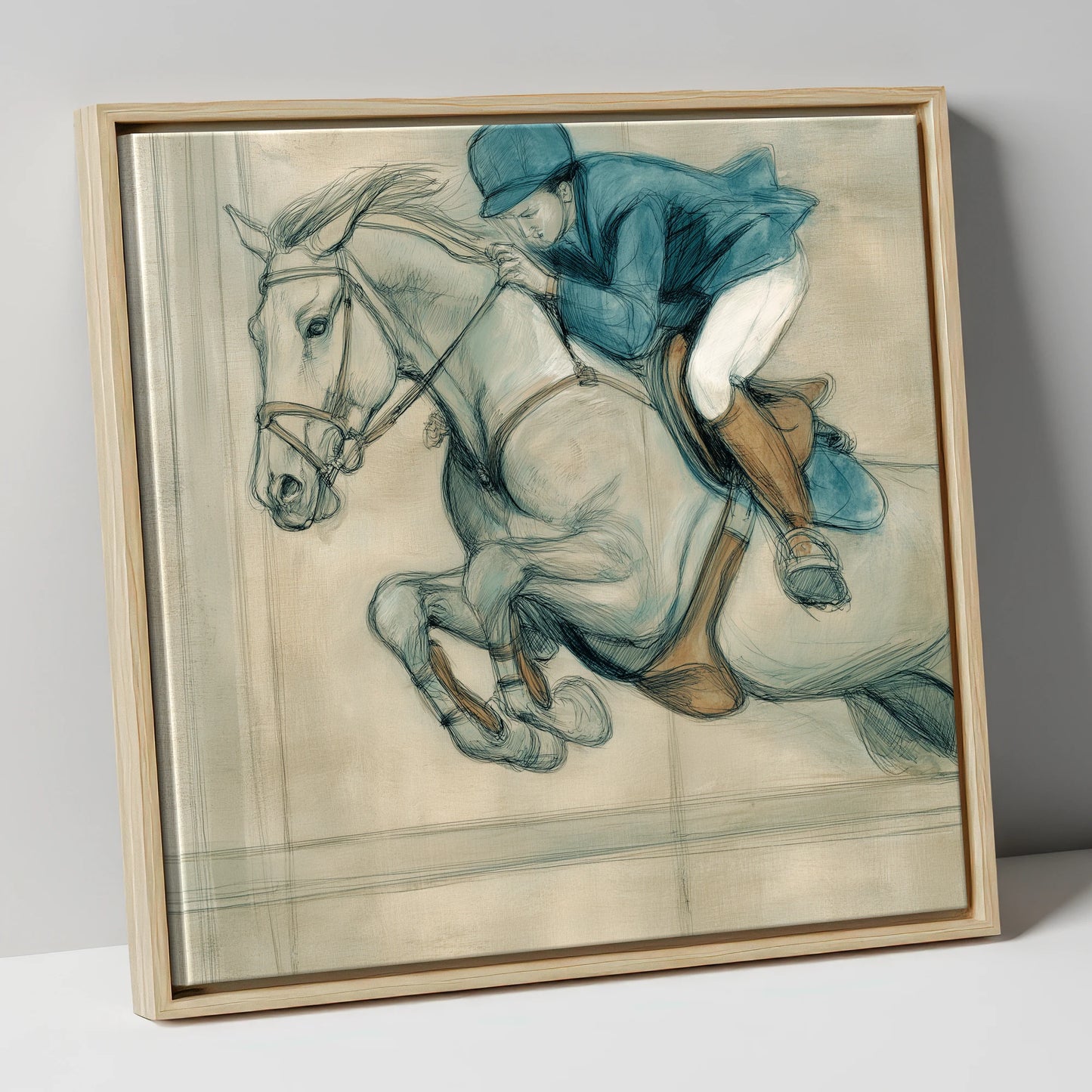 Suspended Flight show jumping horse canvas wall art in natural frame