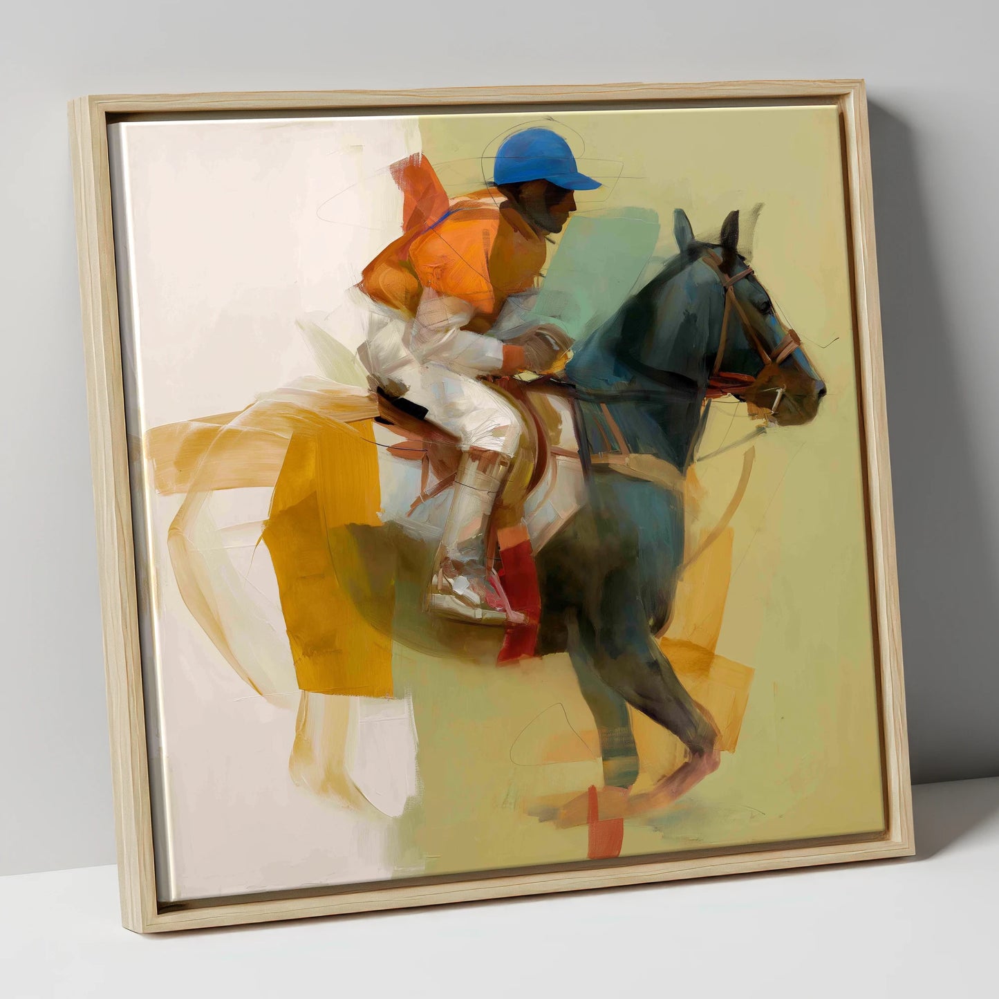 Cerulean and Silk racing horse canvas wall art in natural frame