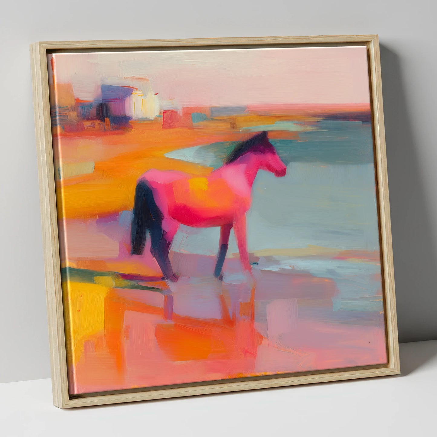 Vibrant Coastal Mirage horse landscape canvas wall art in natural frame