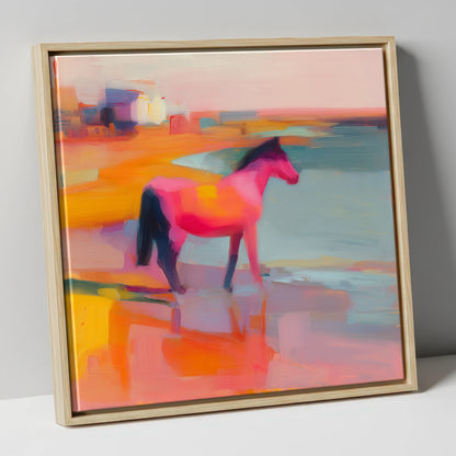 Vibrant Coastal Mirage horse landscape canvas wall art in natural frame