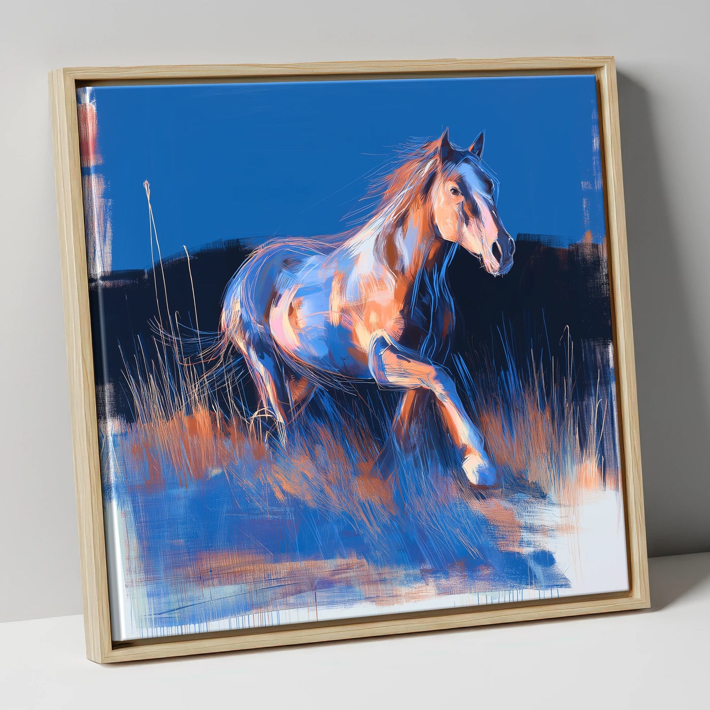 Wanderer in Blue horse landscape canvas wall art in natural frame