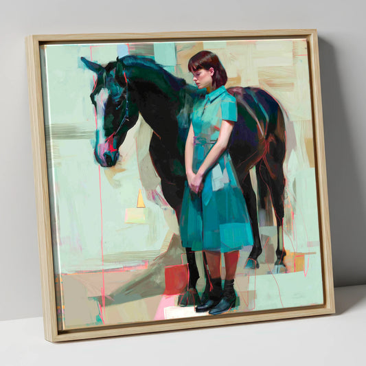 A Quiet Connection horse & rider canvas wall art in natural frame