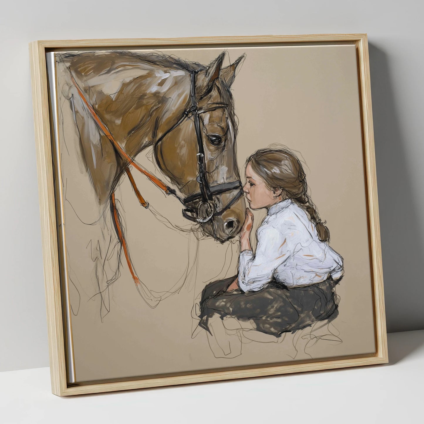 A Quiet Understanding horse & rider canvas wall art in natural frame