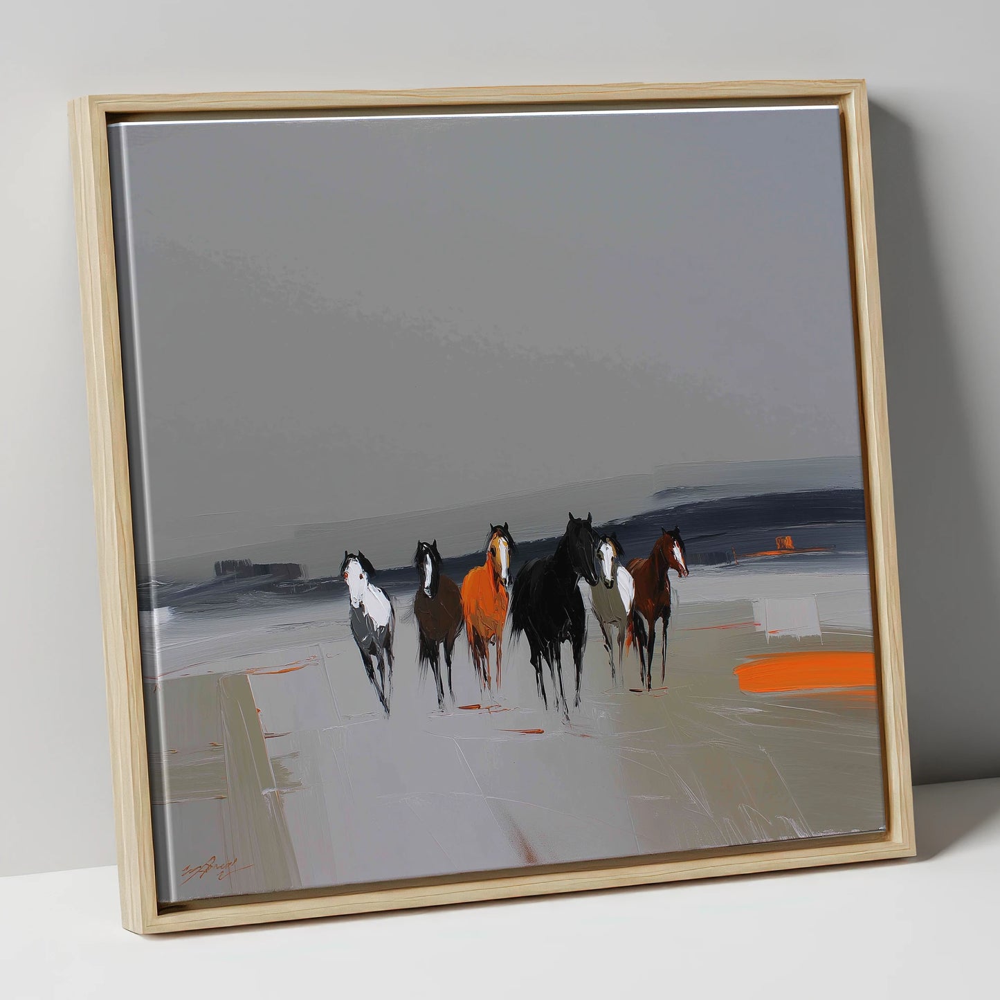 Vibrant Approach wild horses canvas wall art in natural frame