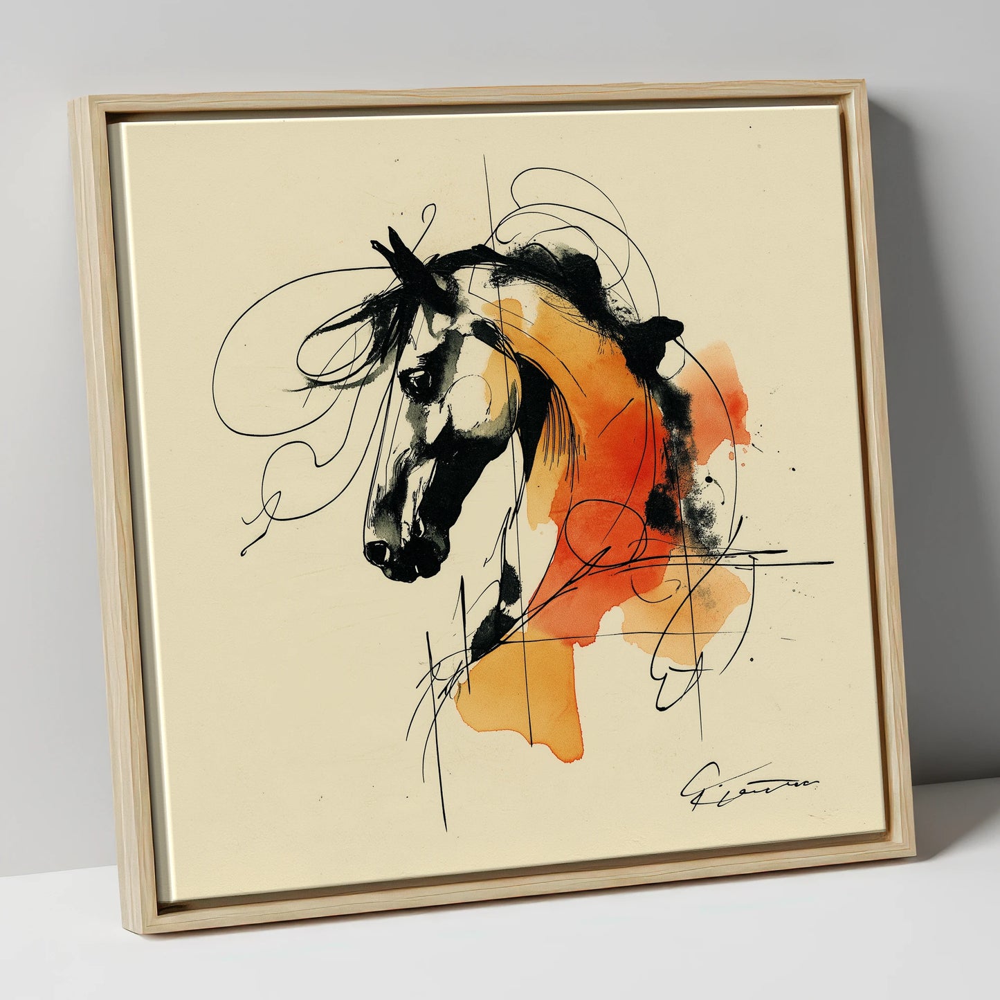 Spirit in Ink and Amber horse breed canvas wall art in natural frame