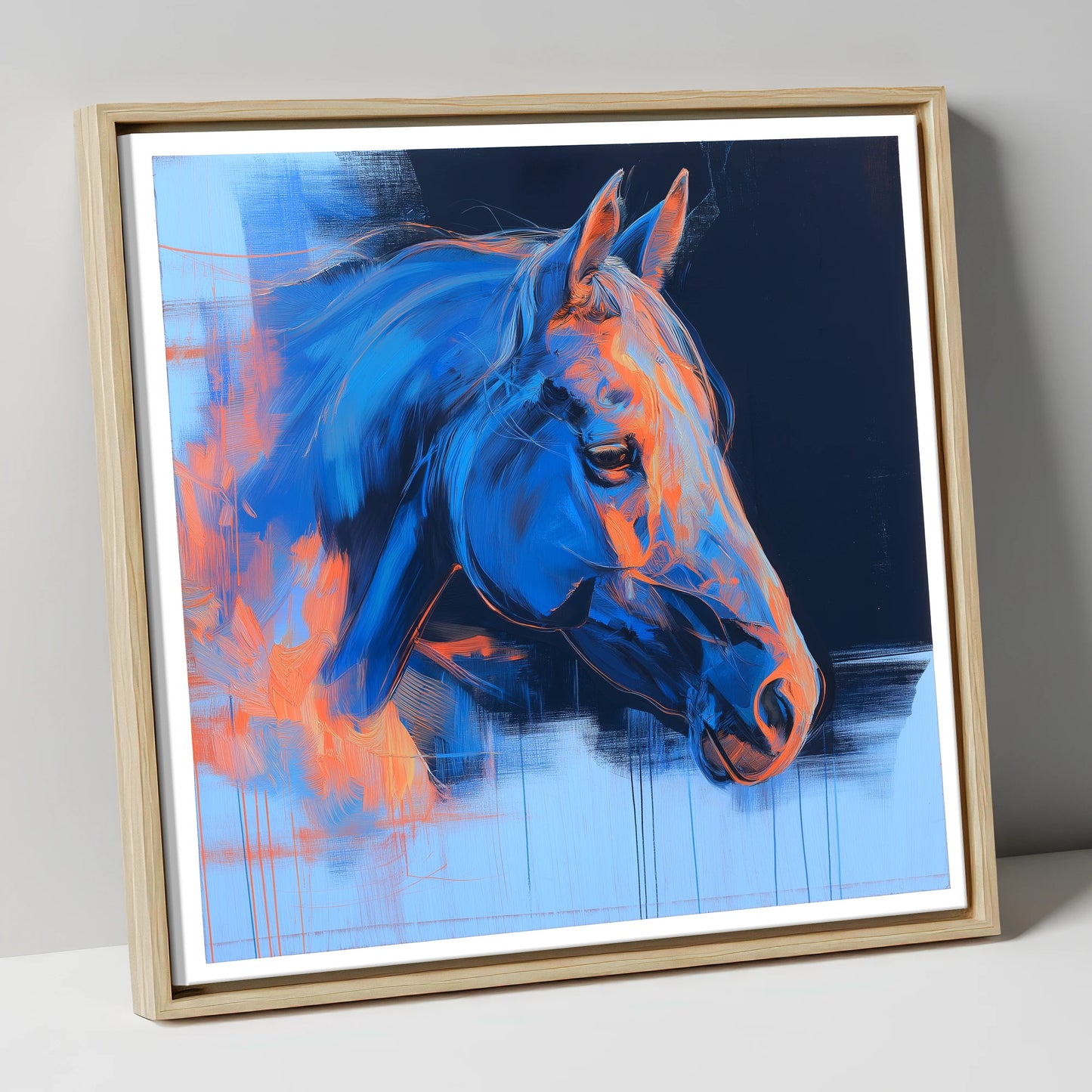Expressive Cobalt Profile horse portrait canvas wall art in natural frame