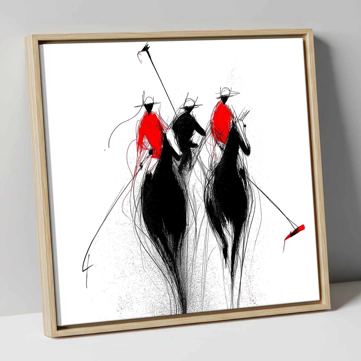 The Crimson Charge polo horse canvas wall art in natural frame
