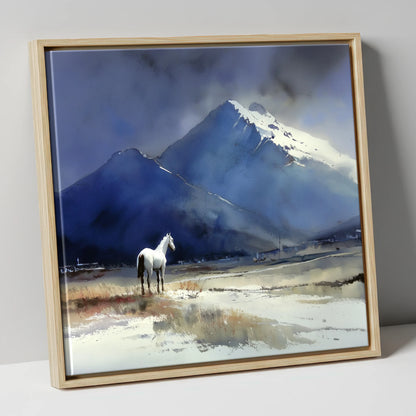 Winter Alpine Solitude horse landscape canvas wall art in natural frame