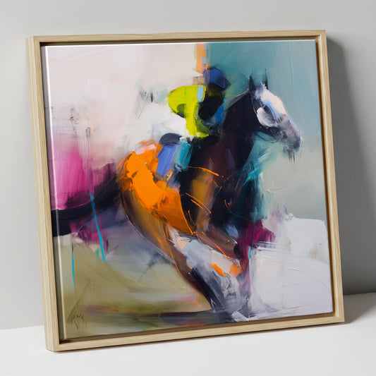 Technicolour Gallop racing horse canvas wall art in natural frame