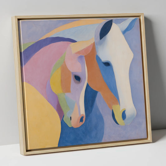 Pastel Equine Harmony mare & foal canvas wall art in natural frame
