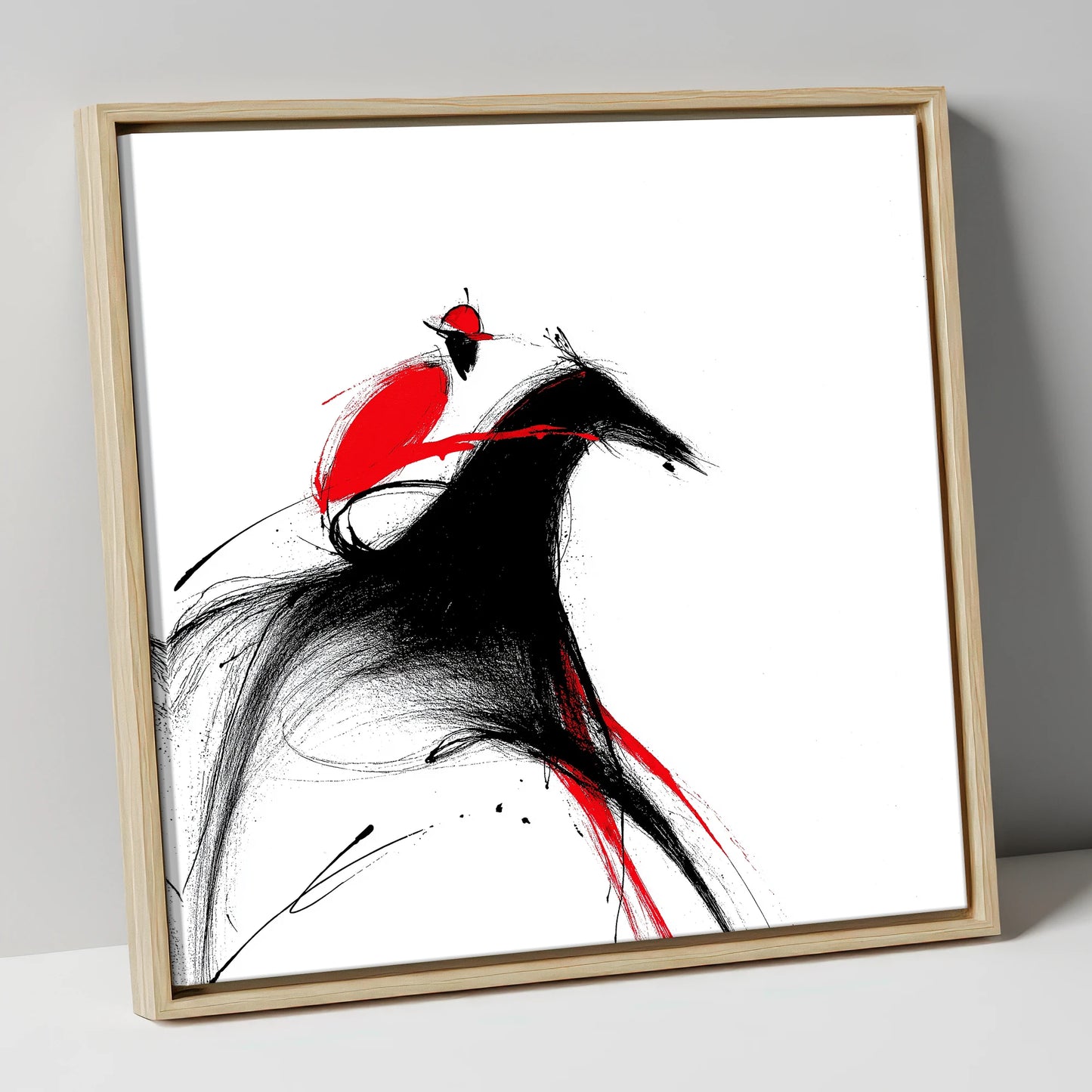 Crimson Pace racing horse canvas wall art in natural frame