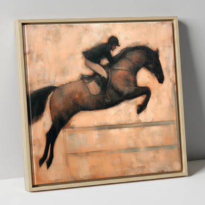 Suspended in Flight show jumping horse canvas wall art in natural frame