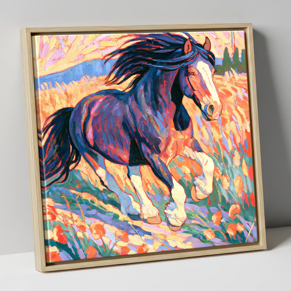 Colourful Cantering Heavy Horse horse breed canvas wall art in natural frame