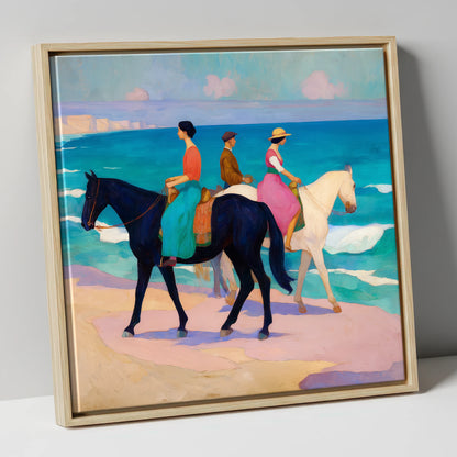 Azure Coastal Hack horse landscape canvas wall art in natural frame