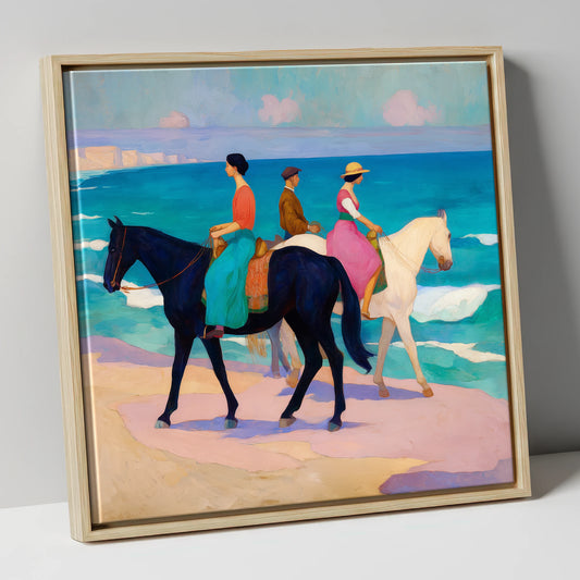 Azure Coastal Hack horse landscape canvas wall art in natural frame