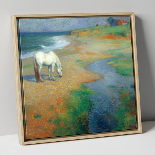 Vibrant Coastal Grazing horse landscape canvas wall art in natural frame