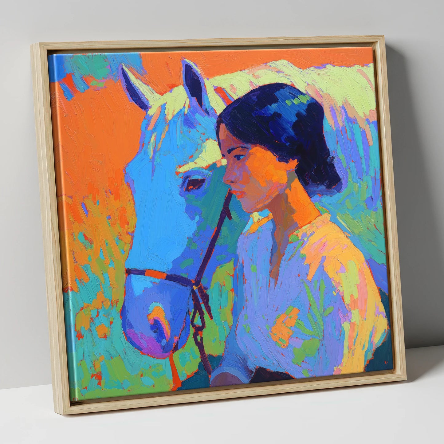 Vibrant Connection horse & rider canvas wall art in natural frame