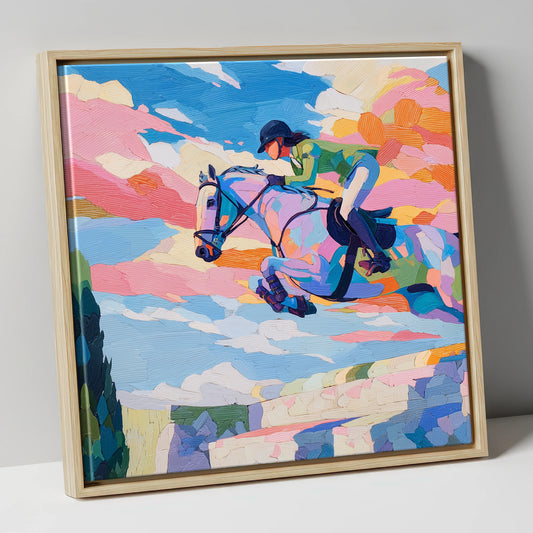 Technicolour Flight show jumping horse canvas wall art in natural frame