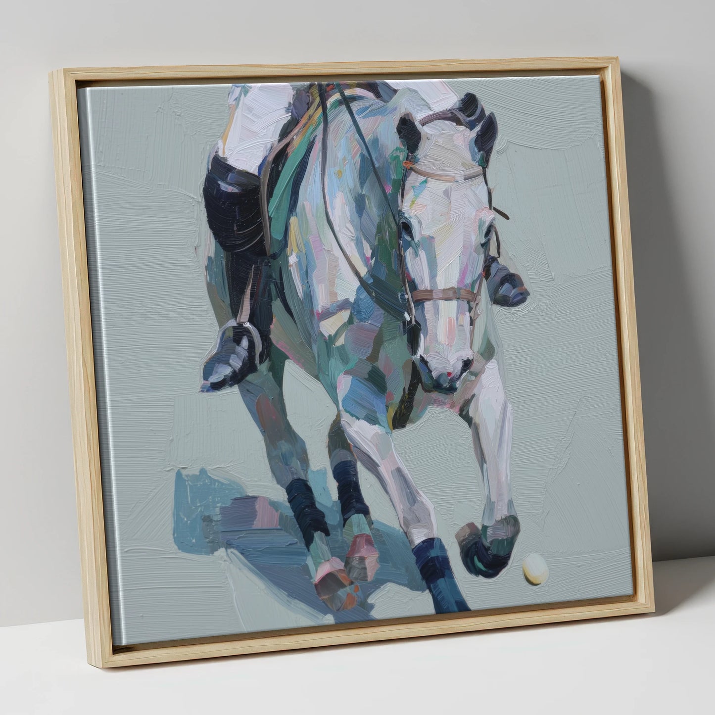 Pastel Polo Charge polo horse canvas wall art in natural frame