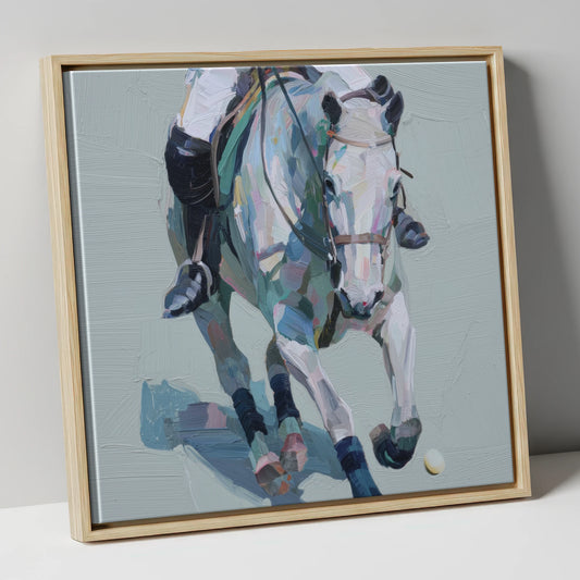 Pastel Polo Charge polo horse canvas wall art in natural frame