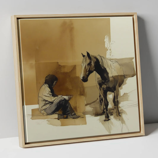 Shared Silence horse & rider canvas wall art in natural frame