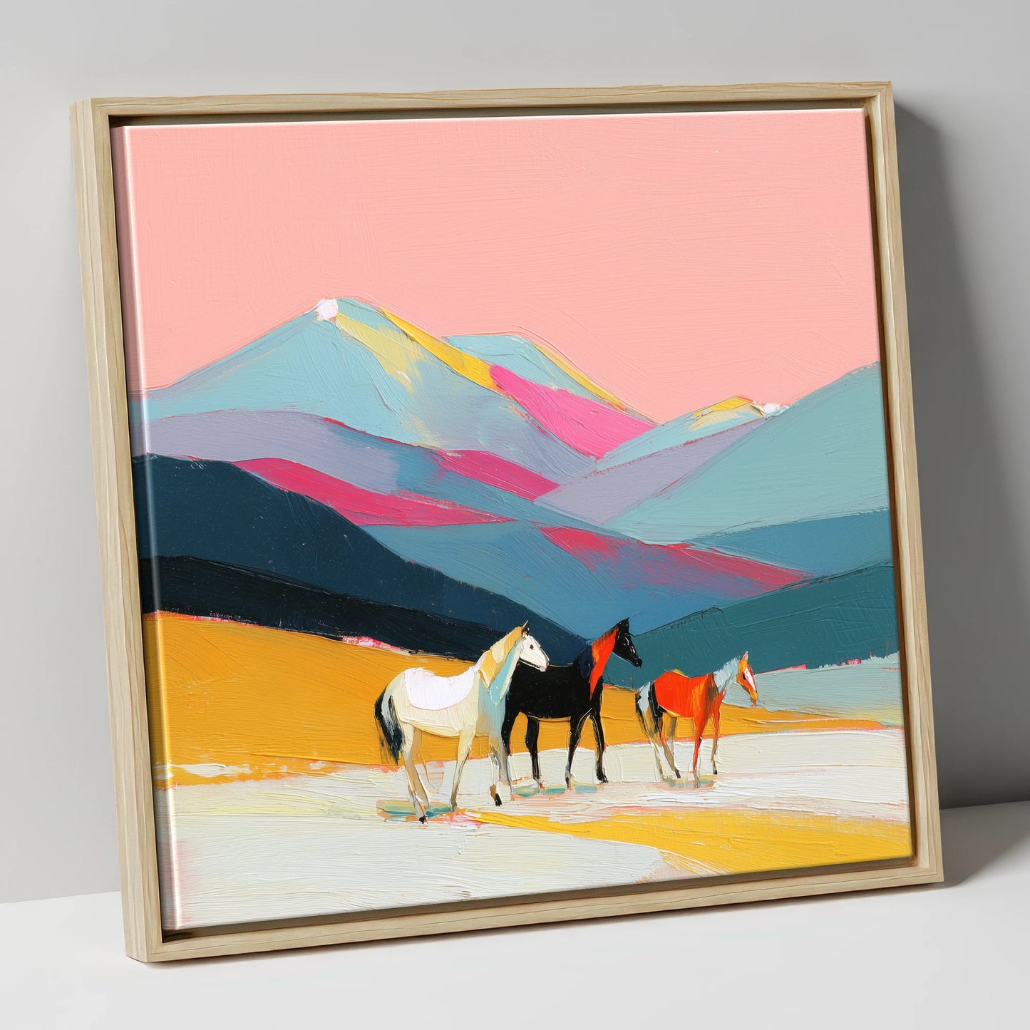 Vibrant Mountain Herd horse landscape canvas wall art in natural frame