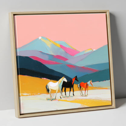 Vibrant Mountain Herd horse landscape canvas wall art in natural frame
