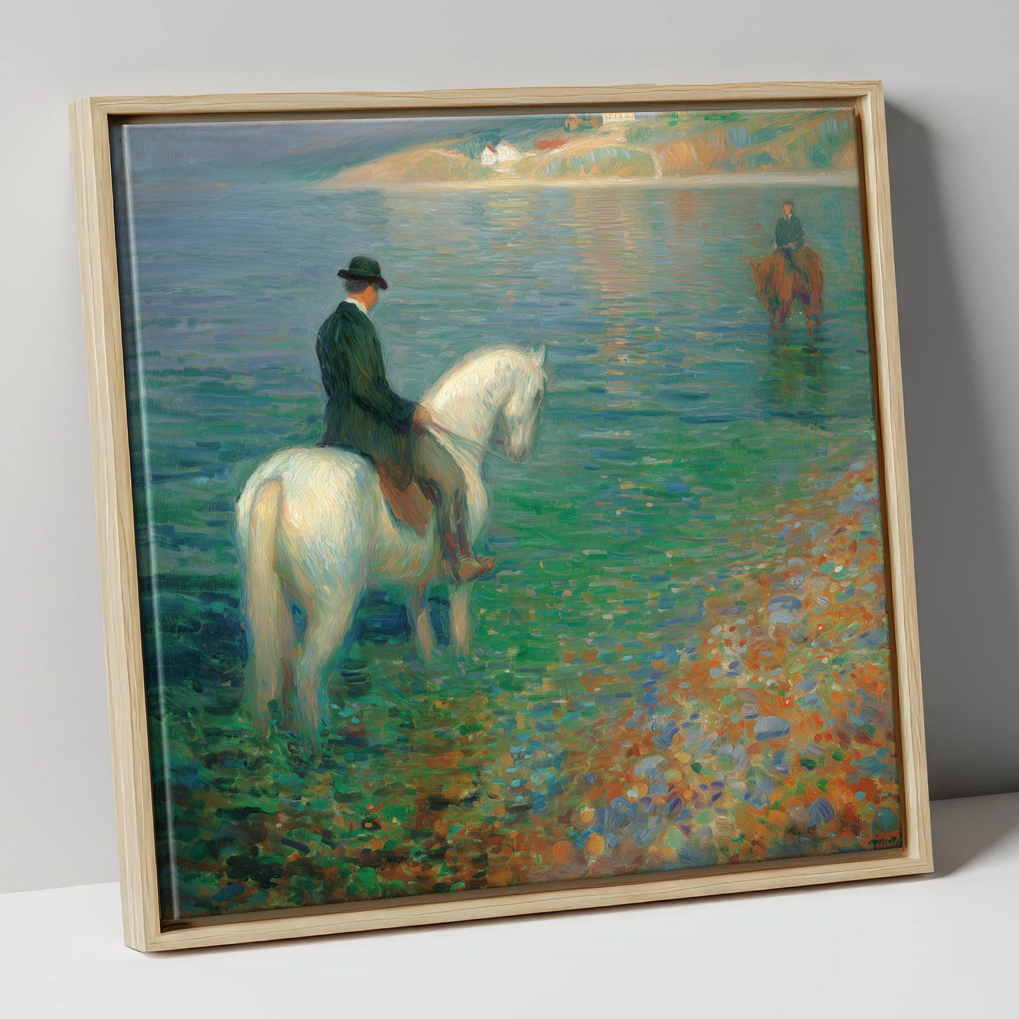 Emerald Shoreline Hack beach horse canvas wall art in natural frame