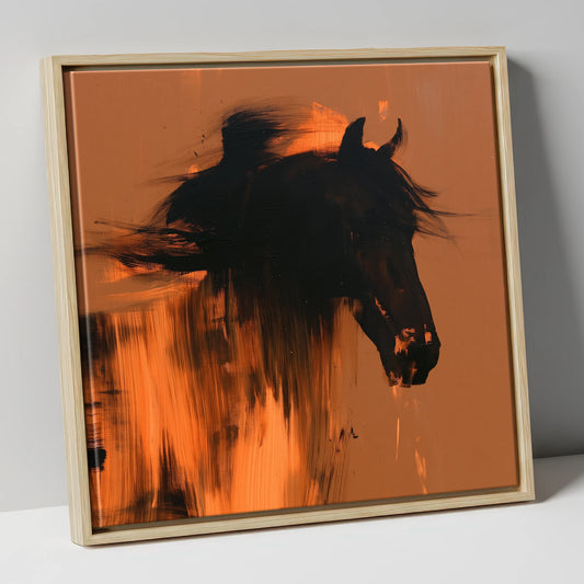 Black Horse Silhouette on Amber horse breed canvas wall art in natural frame