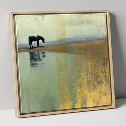 Gilded Solitude horse landscape canvas wall art in natural frame