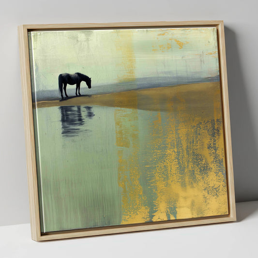 Gilded Solitude horse landscape canvas wall art in natural frame